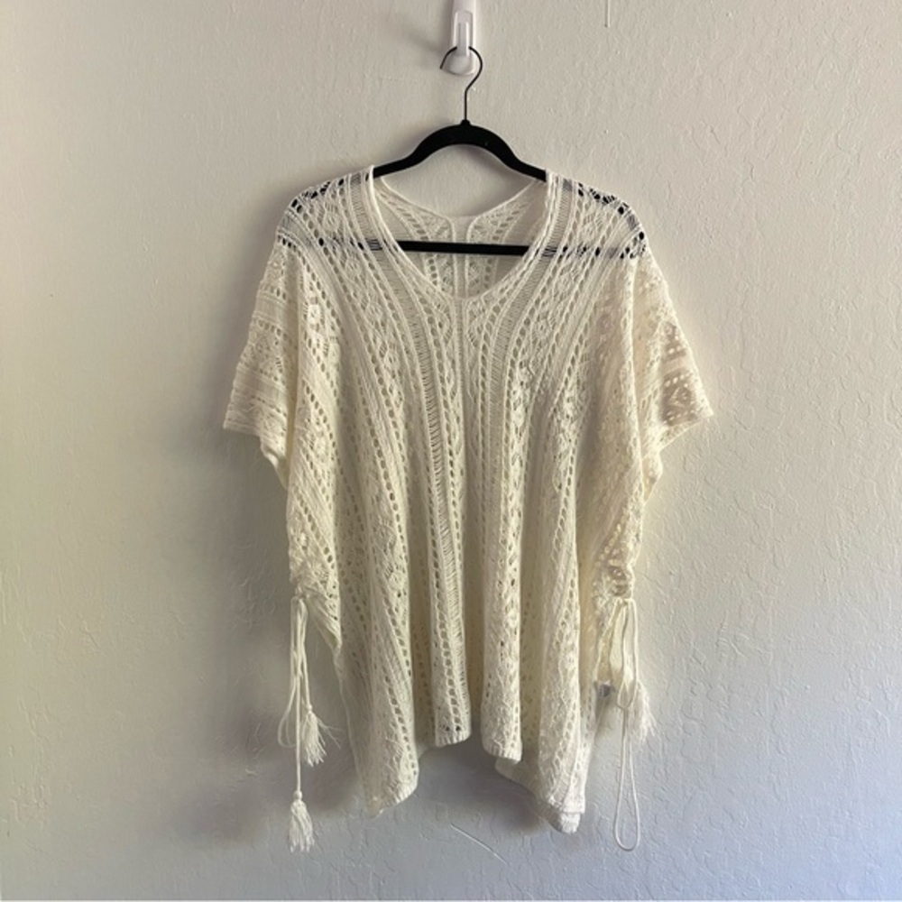 Cream Open Knit Oversized Ruched Side Poncho Tassels Boho Womens Size XL
